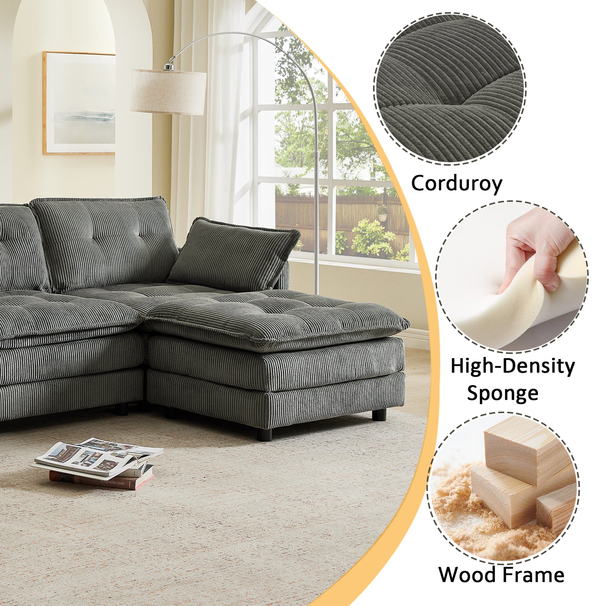 154" Sectional Cloud Sofa Couch with Ottomans, Modular U Shaped Couches for Living Room, Comfy Corduroy Oversized Sectional Modern 6 Seat Deep Seat Sofa Set with Central Console USB Port, Grey image 3