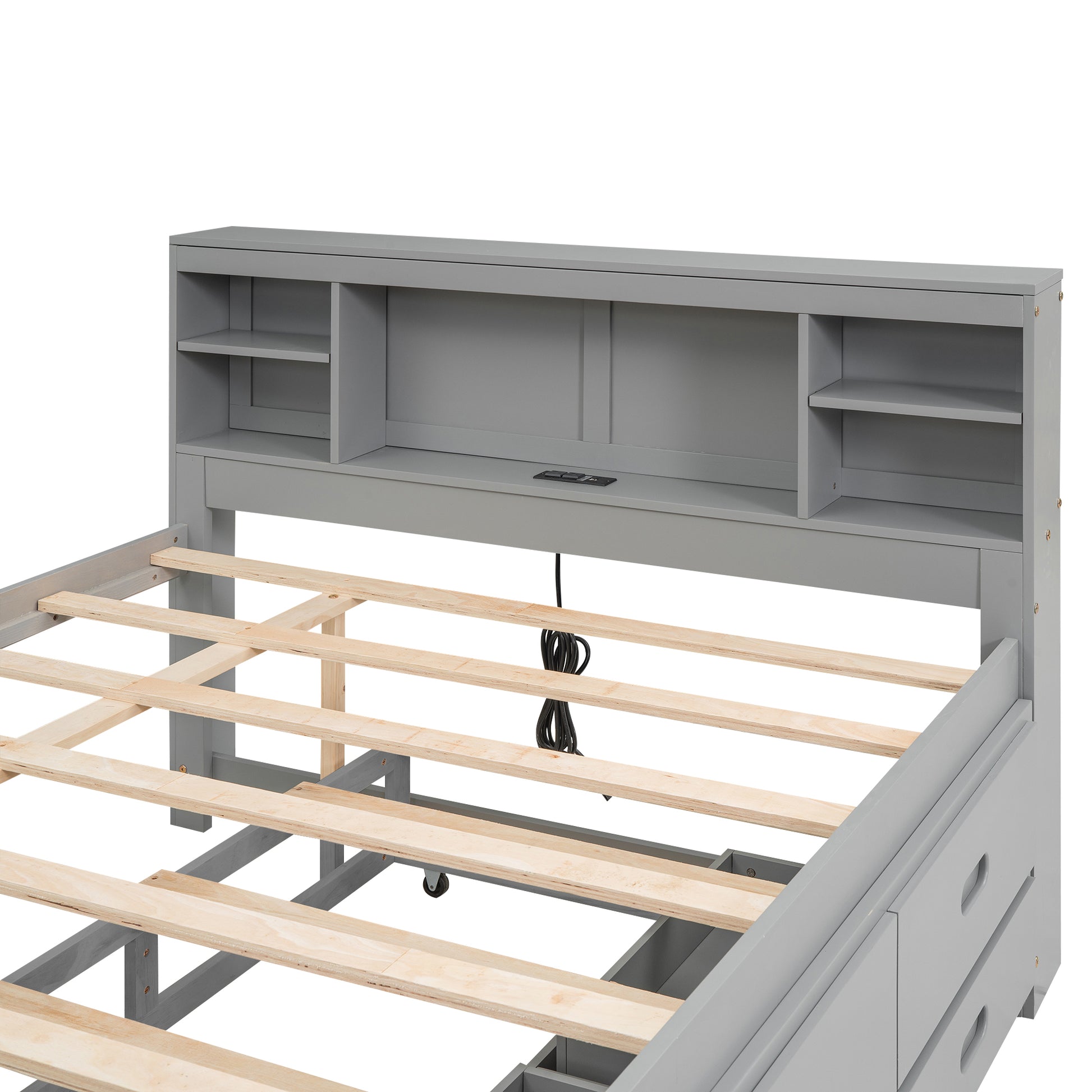 Full Size Platform Bed with Storage Headboard, USB, Twin Size Trundle and 3 Drawers, Gray image 12