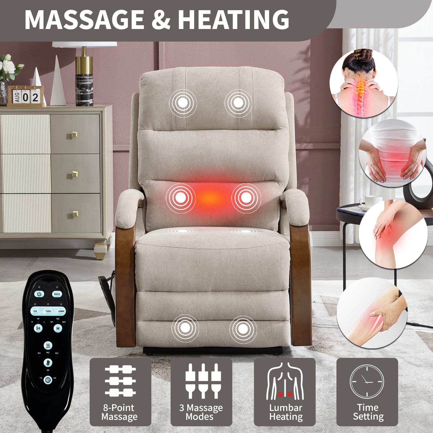 Power Beige Chenille Lift Recliner Chair Dual Motor Infinite Position Up to 350 LBS with Solid Wood Armrests, Heat Massage and Heavy Duty Motion Mechanism image 7