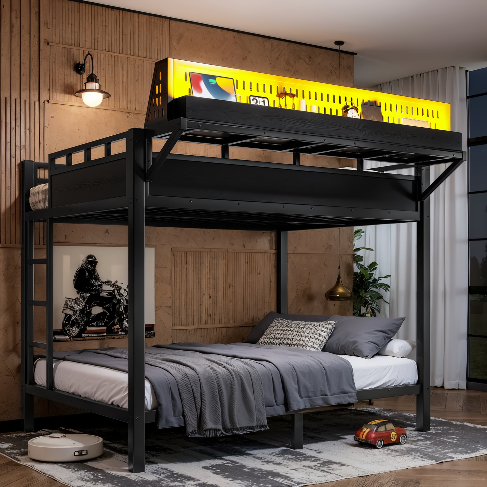Full over Full Size Metal Bunk Bed with Storage Shelves and Pegboard, Bunk Bed Frame with USB Ports and LED Lights, Space-Saving, for Teens and Adults, Black image 3