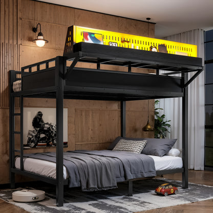Full over Full Size Metal Bunk Bed with Storage Shelves and Pegboard, Bunk Bed Frame with USB Ports and LED Lights, Space-Saving, for Teens and Adults, Black image 3