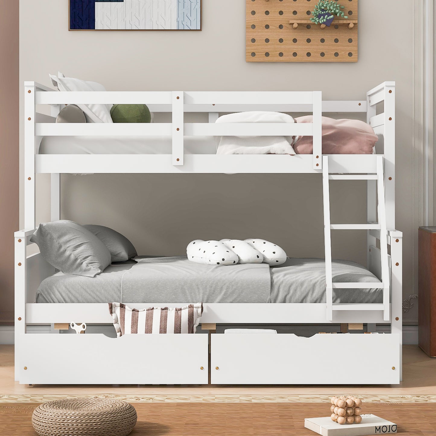 Twin over Full Bunk Bed with Ladder, Two Storage Drawers, Safety Guardrail, White image 3