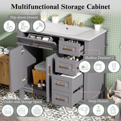 36" Gray Modern Bathroom Vanity with Ceramic Sink, Soft-Close Door, and 4 Storage Drawers,offering a refined look with practical everyday functionality.(Old SKU:N729P253935E) image 4