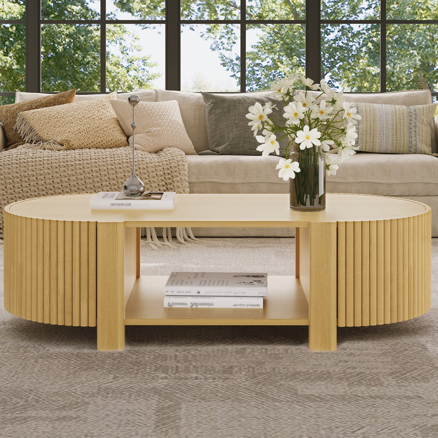 Oval Fluted Coffee Table with Storage for Living Room, Rubber Solid Wood, 1 shelf & 2 Open Storage Doors, Natural, 47" image 4