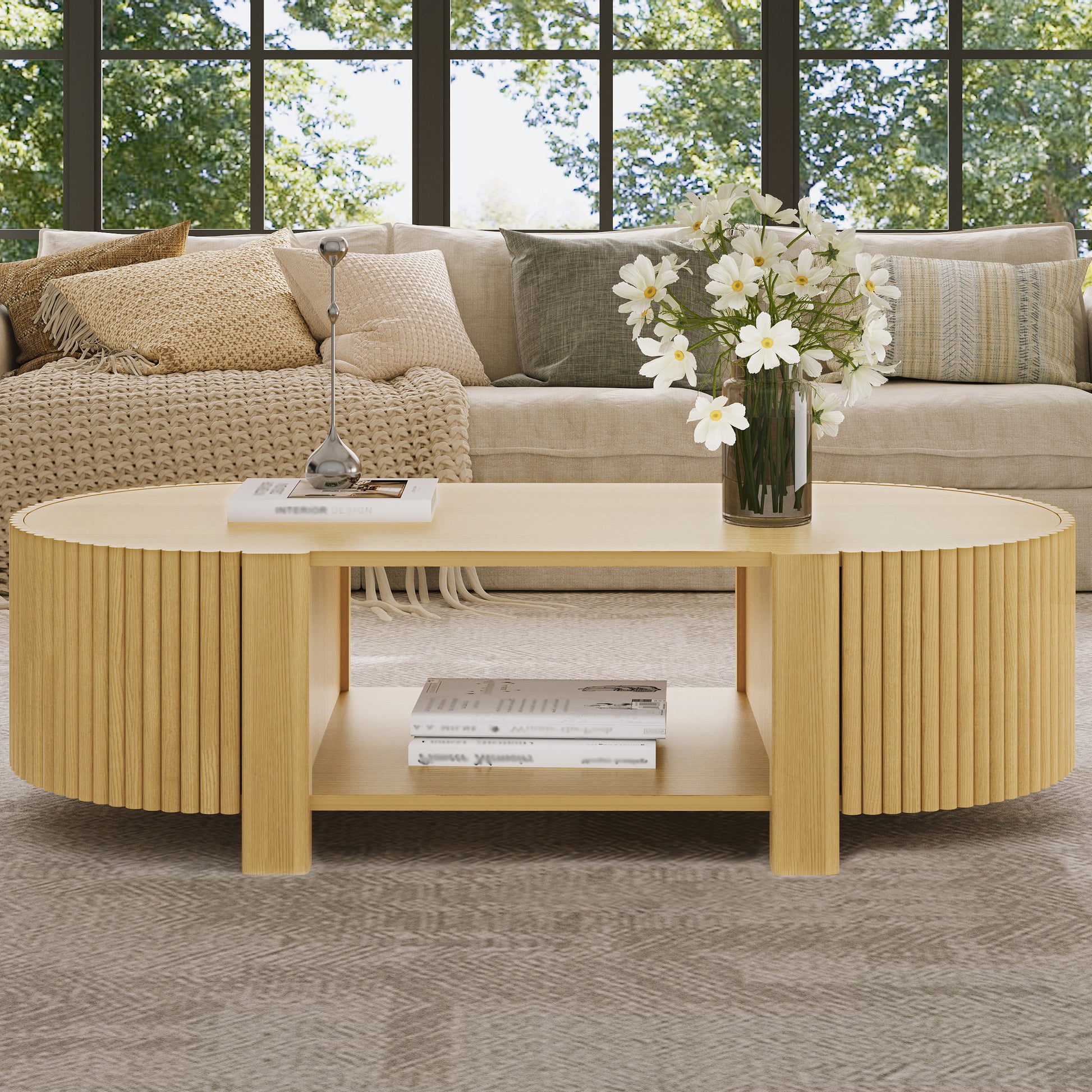 Oval Fluted Coffee Table with Storage for Living Room, Rubber Solid Wood, 1 shelf & 2 Open Storage Doors, Natural, 47" image 4