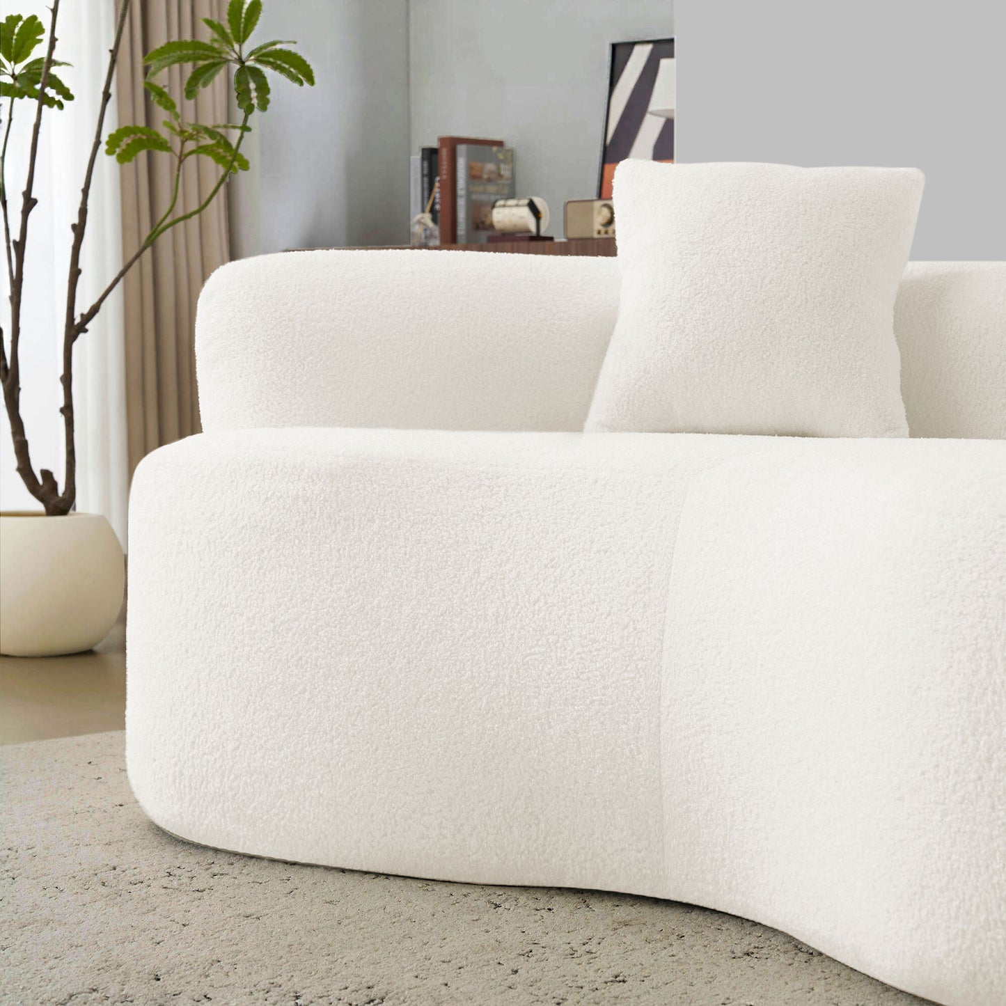 66.93 Inch Curved Loveseat White Full Compression Sponge Sofa, Teddy Velvet Fabric, No-Assembly Compact Sofa for Small Spaces & Apartments, 350 lbs Capacity image 7