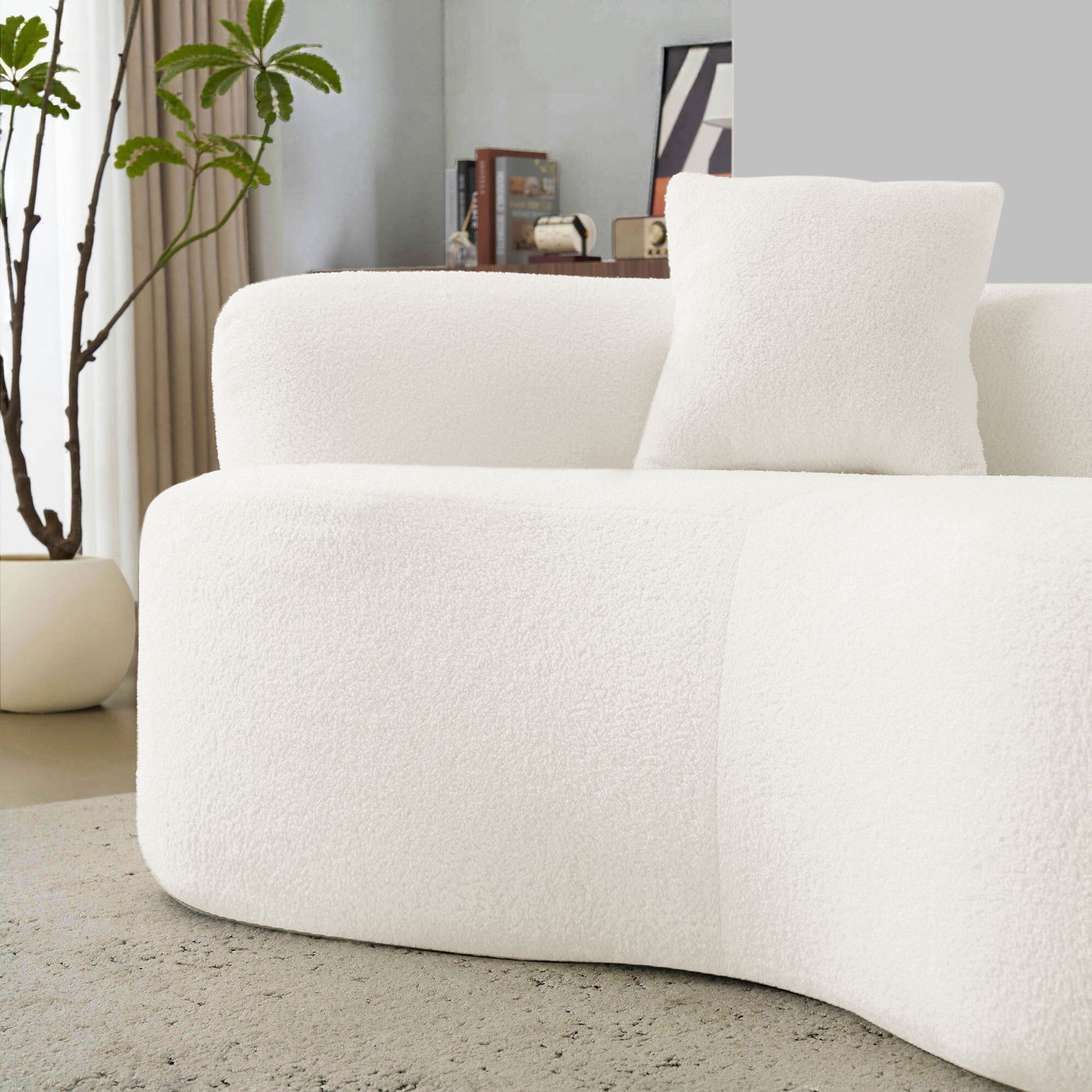 66.93 Inch Curved Loveseat White Full Compression Sponge Sofa, Teddy Velvet Fabric, No-Assembly Compact Sofa for Small Spaces & Apartments, 350 lbs Capacity image 7