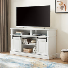 Media Console Table with Storage Cabinet, Mid Century style Entertainment TV Table, Multipurpose Sliding Door TV Cabinet  Large Storage Space, 58.11"W*15.79"D*32.36"H Antique White