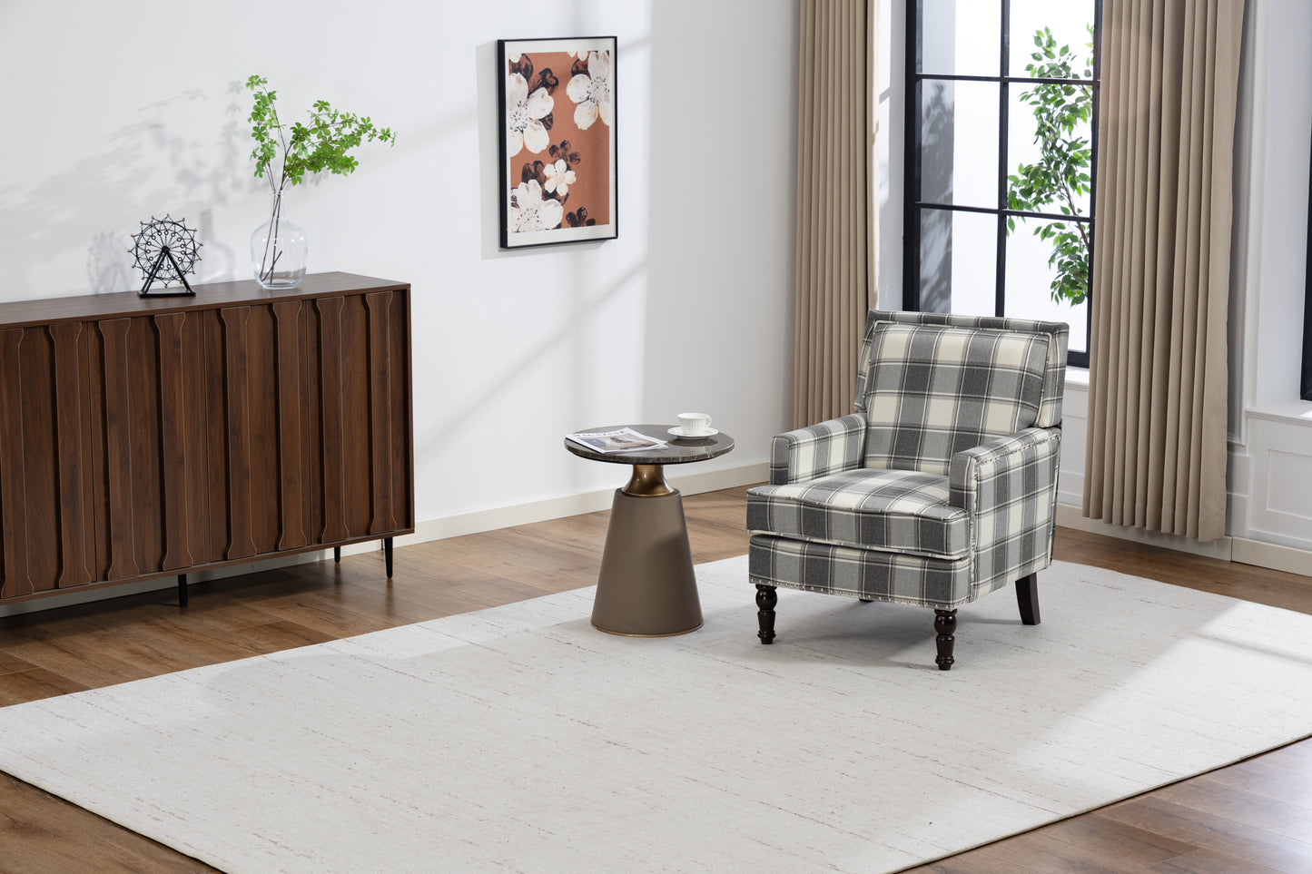 Upholstered Accent Chair, Vintage Armchair with Grey Linen Fabric and Nailhead Trim for Living Room image 7