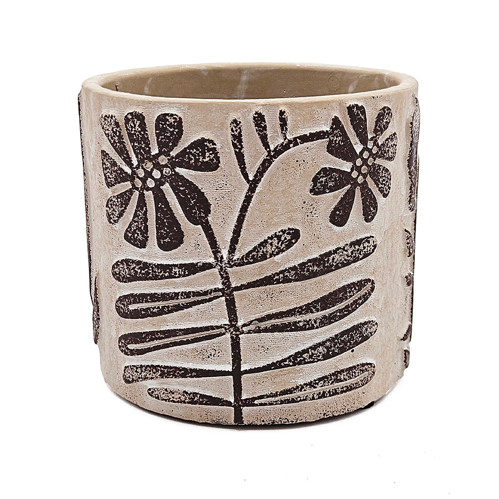 Set of 4 4.3x4.3x4" Gray Sand and Cement Planters with Brown Botanical Motifs image 8