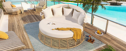 <Old SKU: N704G201243A> Outdoor Patio Rattan Round Daybed with Retractable Canopy, Wicker Furniture Round Poolside Sofa Sunbed with Removable Cushions, Backyard, Porch, Beige image 10
