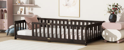 Twin Size Floor Bed with Fence without Door, Rubber Wood Floor Bed with Safety Guardrails,Espresso (Old Sku W504P286398) image 7