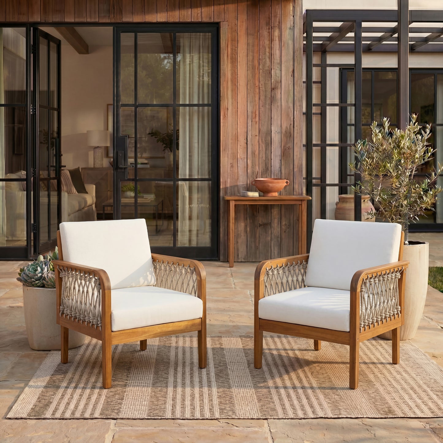 Outdoor Acacia Wood Club Chair with Handwoven Rope(Set of 2), Teak Finish image 2