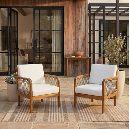 Outdoor Acacia Wood Club Chair with Handwoven Rope(Set of 2), Teak Finish image 2