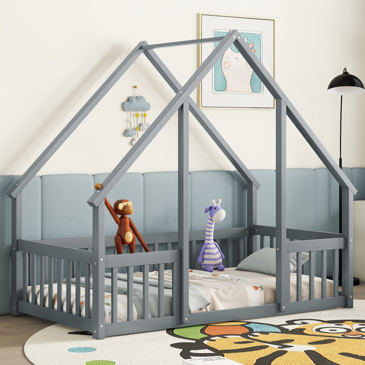 Twin Wood House-Shaped Floor Bed with Fence, Guardrails,Grey image 1
