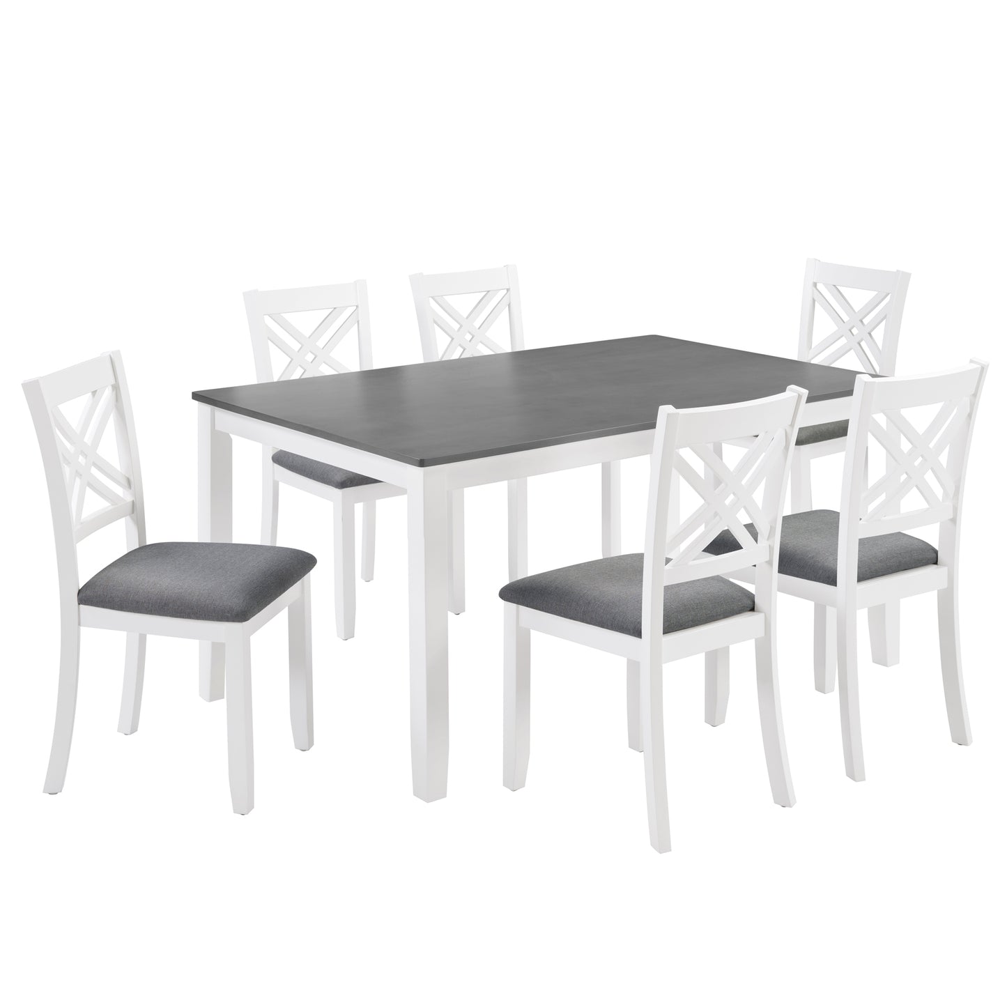 Modern 7-Piece Solid Wood Dining Set with 6 Upholstered Chairs – Grey & White Two-Tone Rectangular Table for 6, Space-Saving Kitchen & Dining Room Set, Easy Assembly image 9