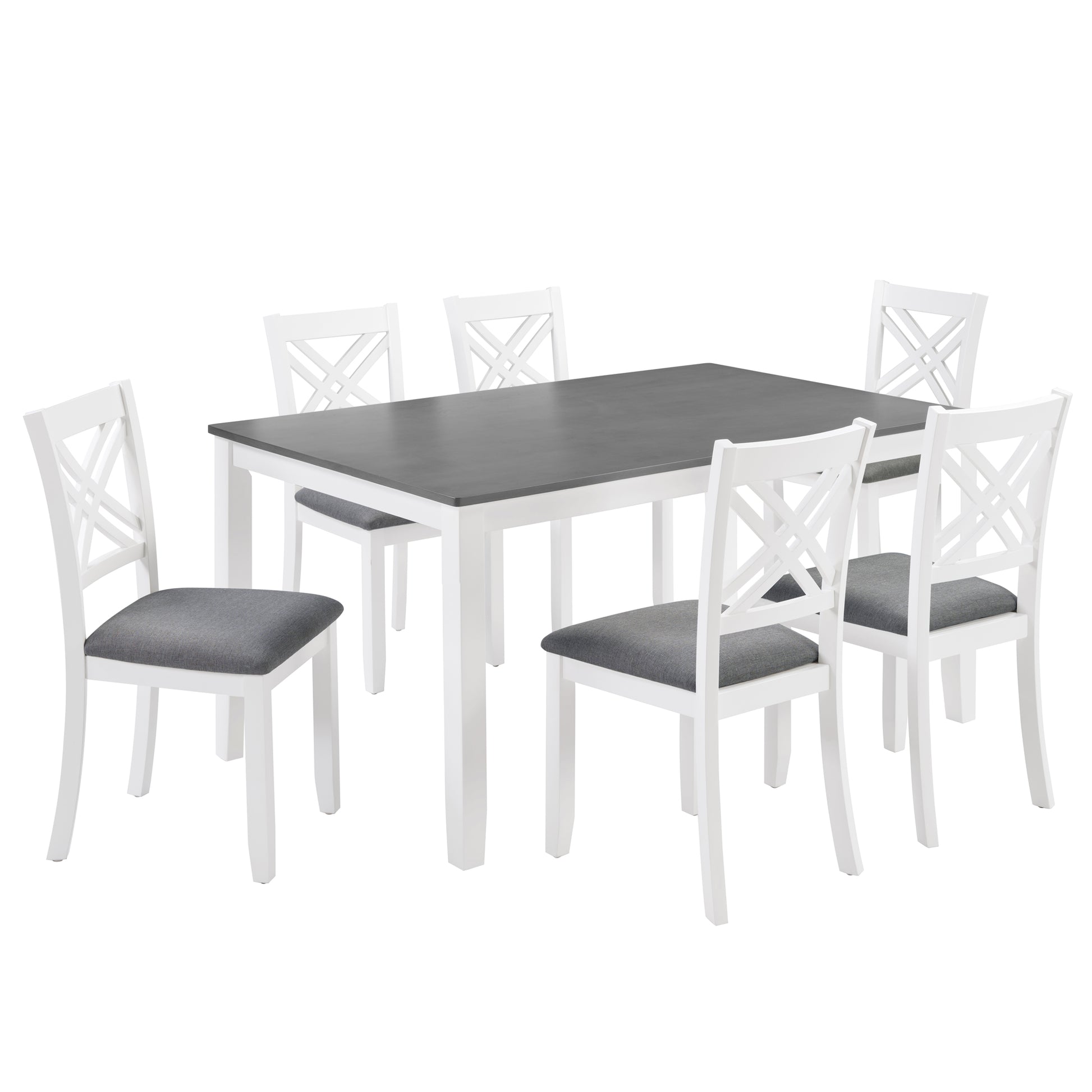 Modern 7-Piece Solid Wood Dining Set with 6 Upholstered Chairs – Grey & White Two-Tone Rectangular Table for 6, Space-Saving Kitchen & Dining Room Set, Easy Assembly image 9
