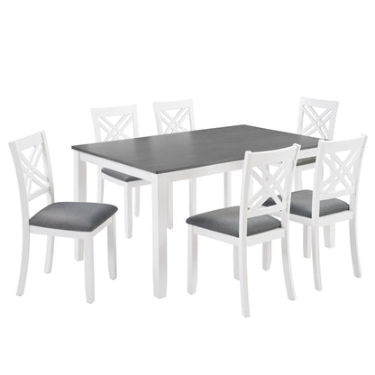 Modern 7-Piece Solid Wood Dining Set with 6 Upholstered Chairs – Grey & White Two-Tone Rectangular Table for 6, Space-Saving Kitchen & Dining Room Set, Easy Assembly image 9