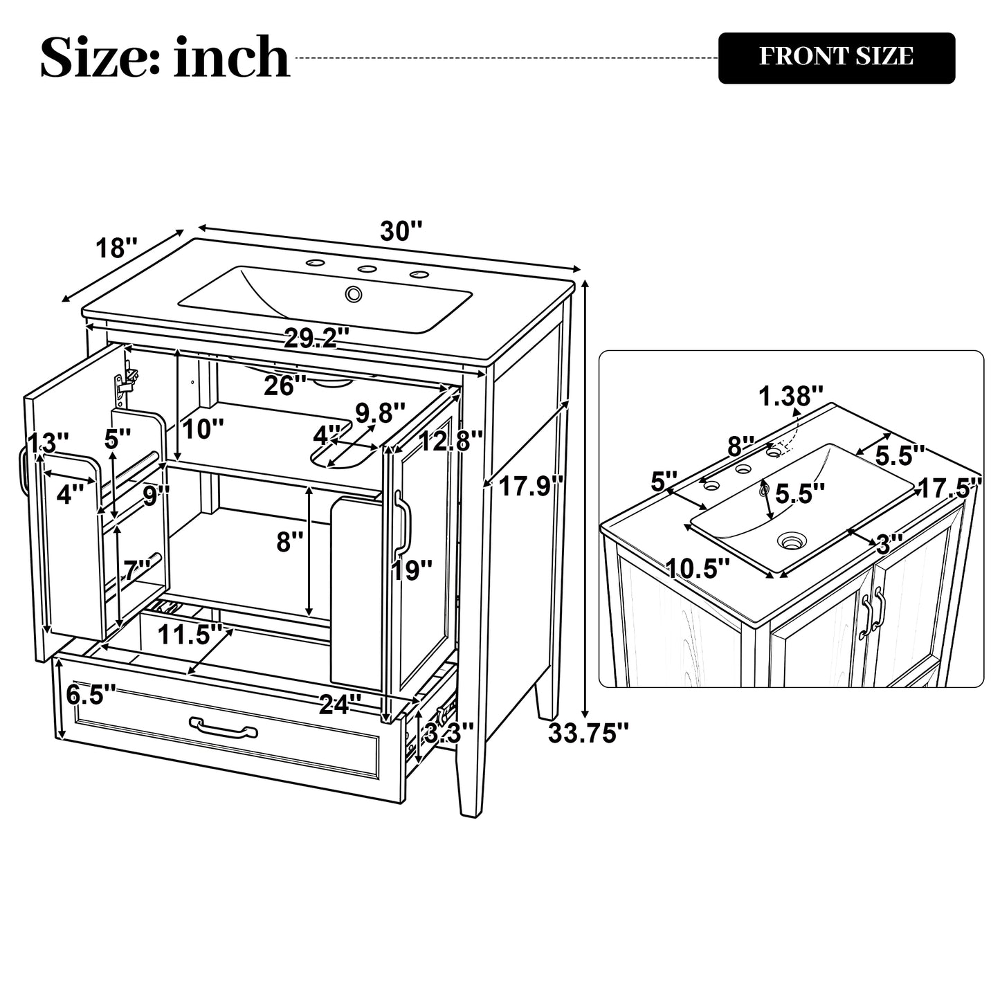 [Video] 30" Natural Wood Grain Bathroom Vanity with Ceramic Sink Top, Solid Wood Legs, Soft-Close Double Doors & Bottom Drawer, Adjustable Interior Shelf, Door-mounted Organizers image 3