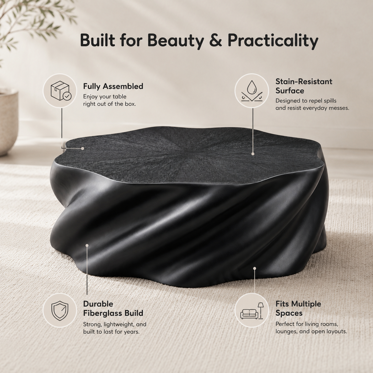 35" Fully Assembled Petal Coffee Table – Sculptural Matte Black Fiberglass, Modern Organic Design, No Assembly, Multi-Scene Center Table image 4