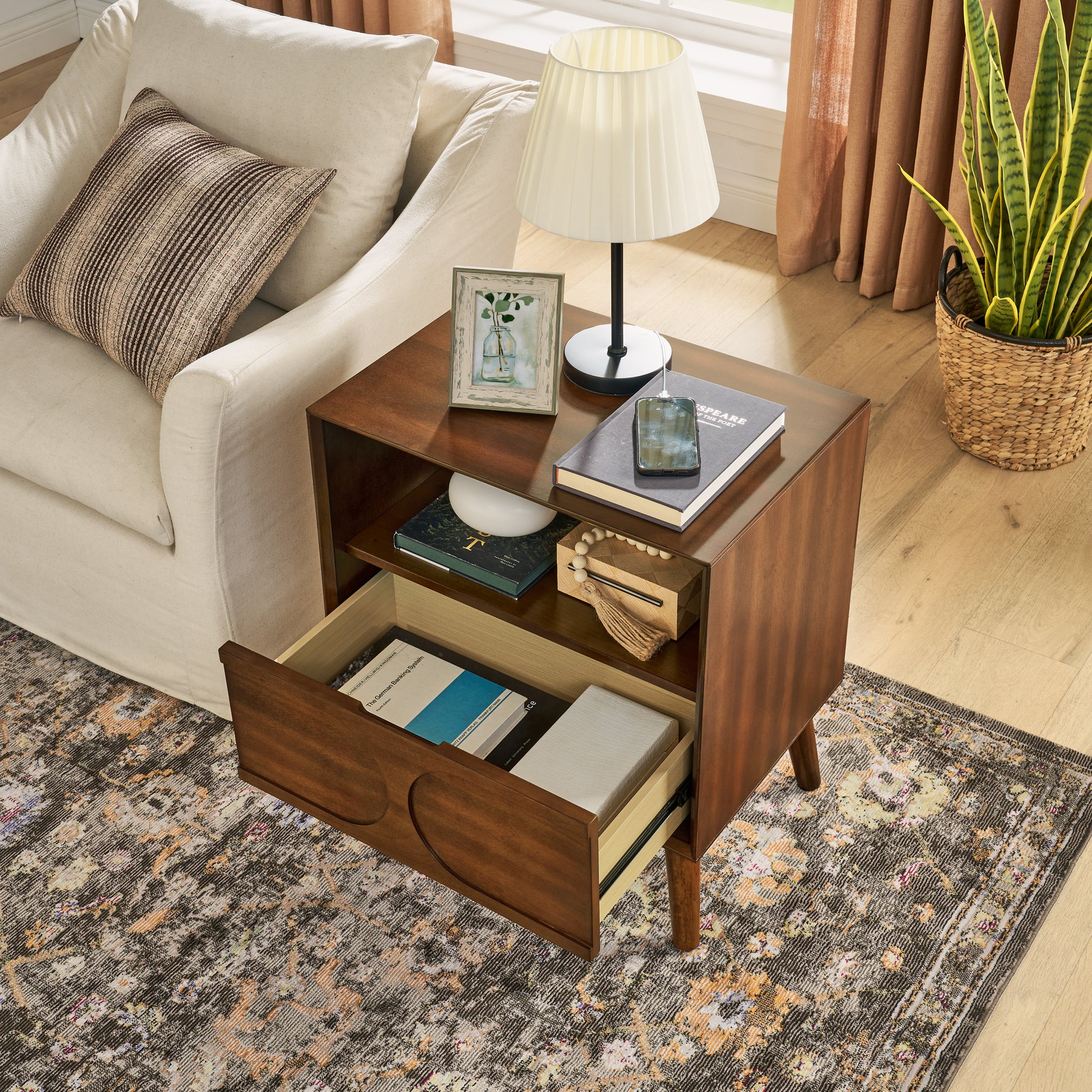 Mid Century Modern Fluted Nightstand with Charging Station USB Ports & Outlet Hole & 4 Solid Wood Legs, Farmhouse End Table with Open Space and Drawer Dresser, Walnut image 5