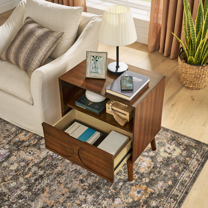 Mid Century Modern Fluted Nightstand with Charging Station USB Ports & Outlet Hole & 4 Solid Wood Legs, Farmhouse End Table with Open Space and Drawer Dresser, Walnut image 5