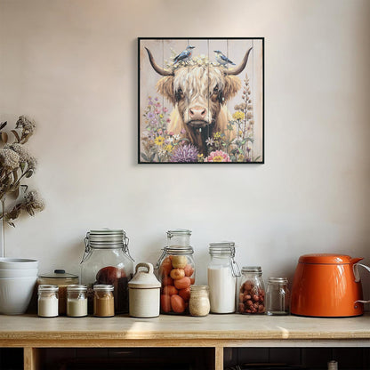 Farmhouse Highland Cow Wall Decor in Neutral colour: Rustic Cow and Chrysanthemum picture Canvas Art Print, Gift for Bathroom or Kitchen, Ideal Animal Artwork for Living Room 24*24INCH image 6