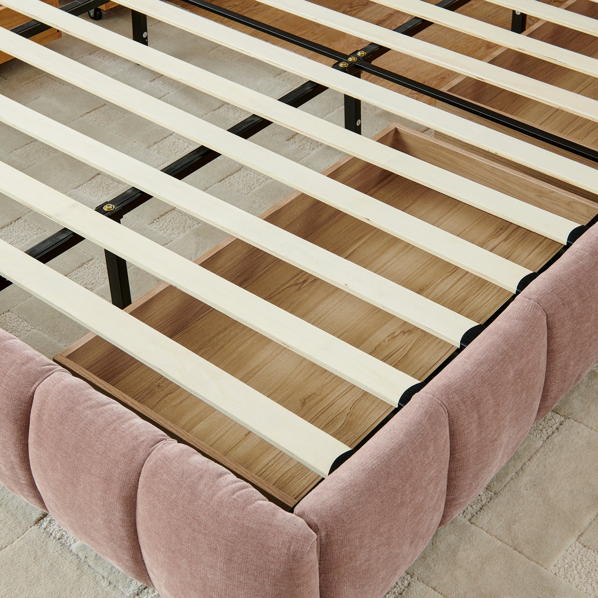 California King size Upholstered Bed,comfortable upholstered bed frame, Chenille fabric, with headboard and solid bed frame. With drawer for storage.-Pink(90.5''*80.5''*31'') image 10