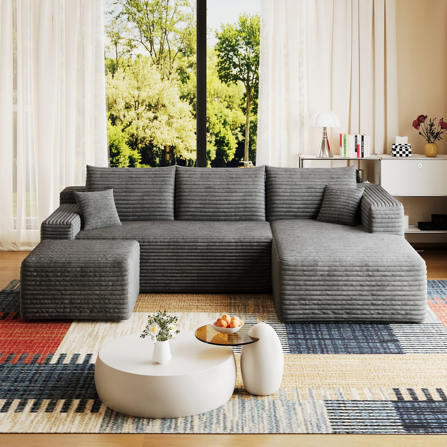 95" Cloud Sectional Sofa with 1 Ottoman,Modern Minimalist Upholstered Couches, Comfort U Shaped Sofa for Living Room,Deep Seat Corner Couch,No Assembly Required,Dark Grey((Plush Corduroy Fabric) image 6