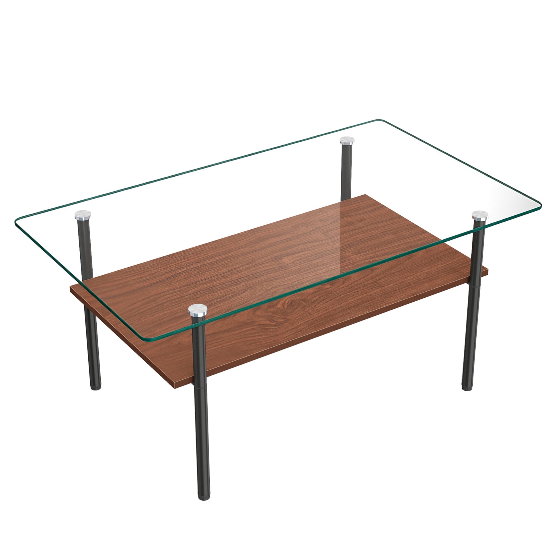 Modern glass coffee table for living room, rectangular tempered glass top, black metal legs with wooden shelf. Easy to clean, stylish center table 38.6 × 22.8 × 17.7 inches image 10