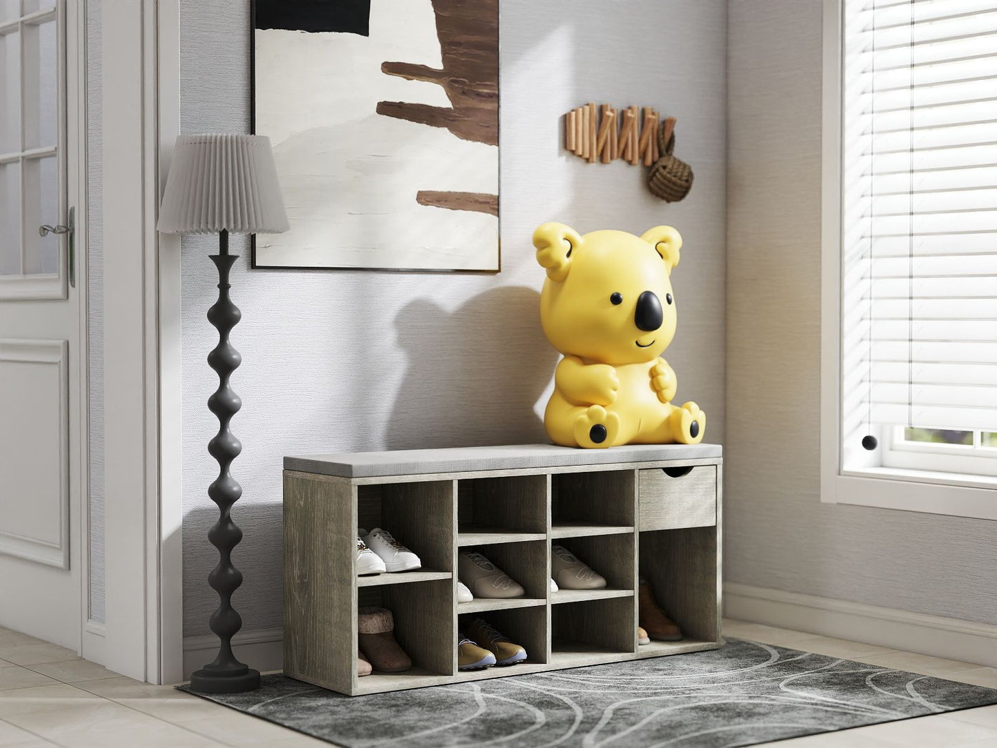 Storage Bench, Shoe Bench, Entryway Bench with Padded Cushion, Drawer and Open Compartments, Bench with Storage, 3 Tier Shoe Rack Bench image 1