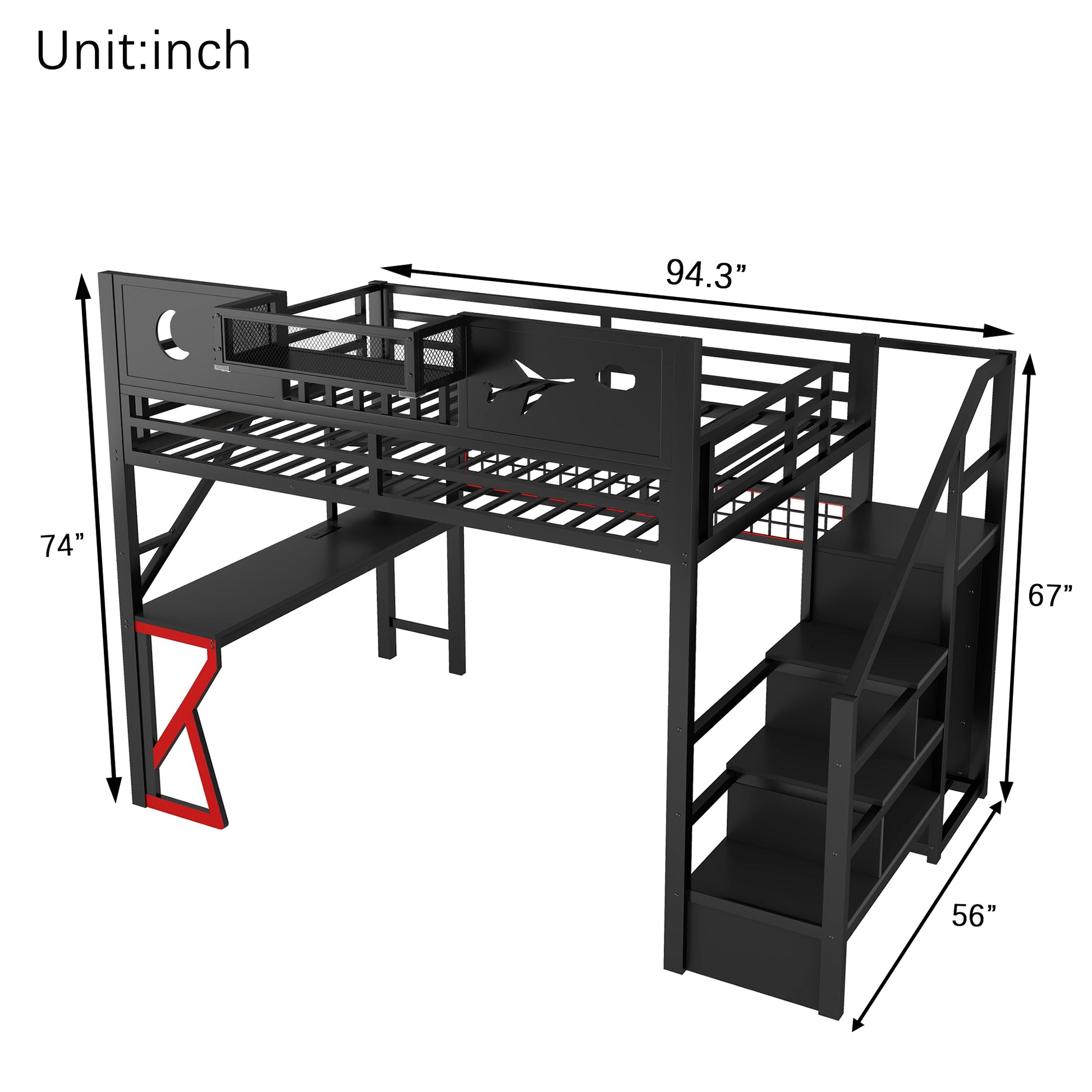 Full Size Loft Bed with Stairs, Metal Full Loft Bed with High Guardrails and Beside Storage Shelf, High Loft Bed with Wardrobe for Kids Teens, black(Expect Arrival Date2026/5/18) image 12