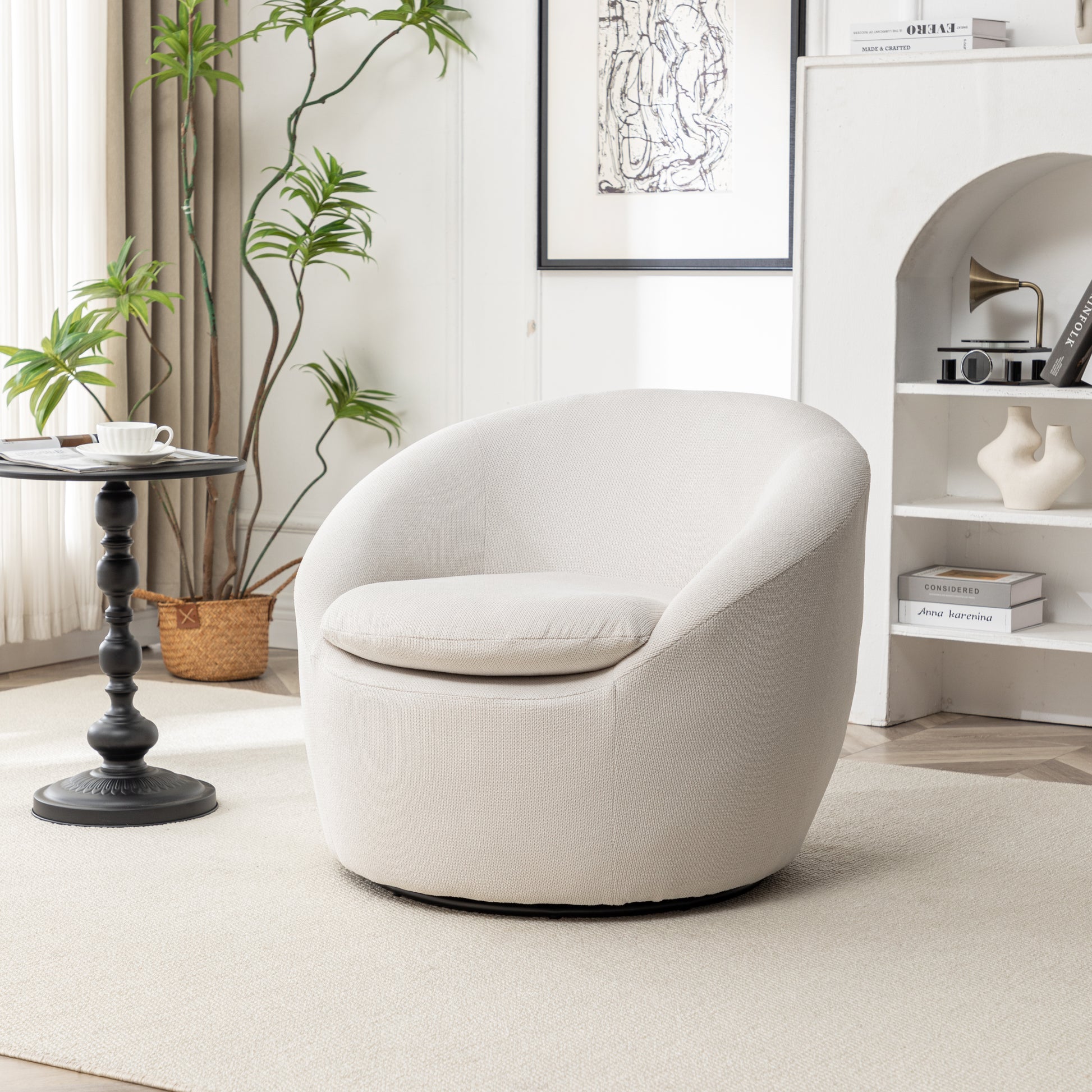 Winnie Modern Teddy Fabric Barrel Chair, 360° Swivel, Beige image 1