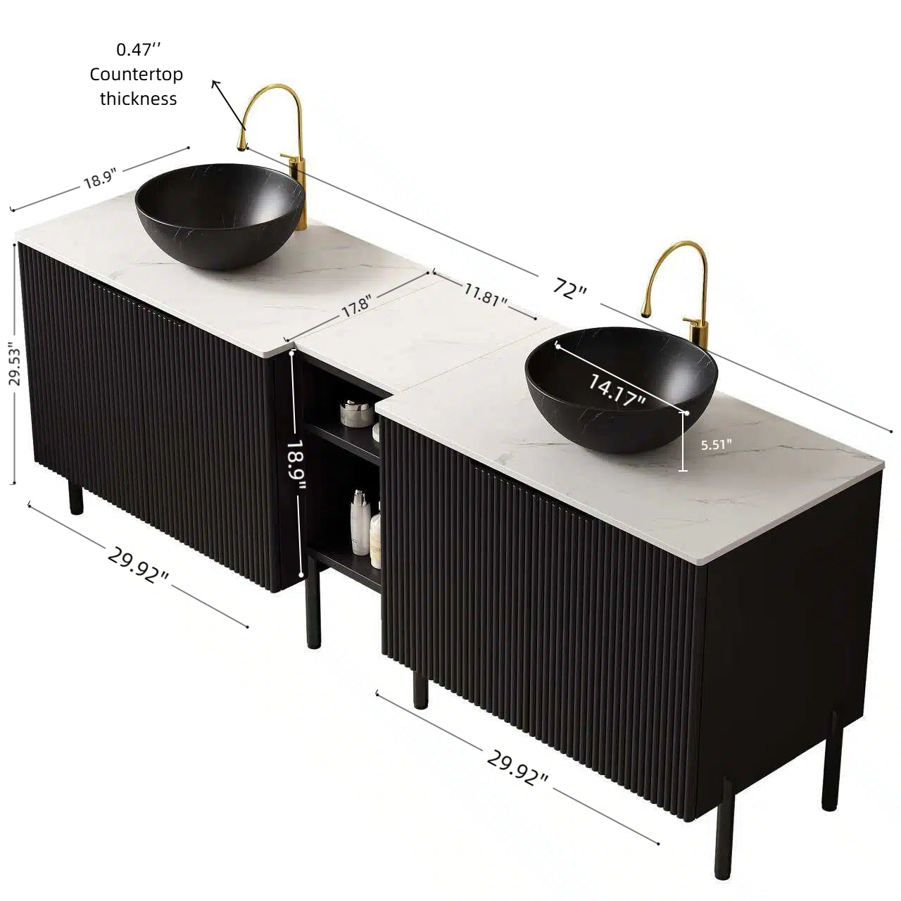 TURIO 72" Freestanding Double Bathroom Vanity with Sinks, 2x30" Striped Storage Cabinets + 12" Removable Open Shelf, 2 Black Bowl Stone Pattern Vessel Basins with Carrara White Countertop, Black image 7