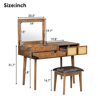 43.3" Classic Wood Makeup Vanity Set with Flip-top Mirror and Stool, Dressing Table with Three Drawers and storage space, Brown image 6