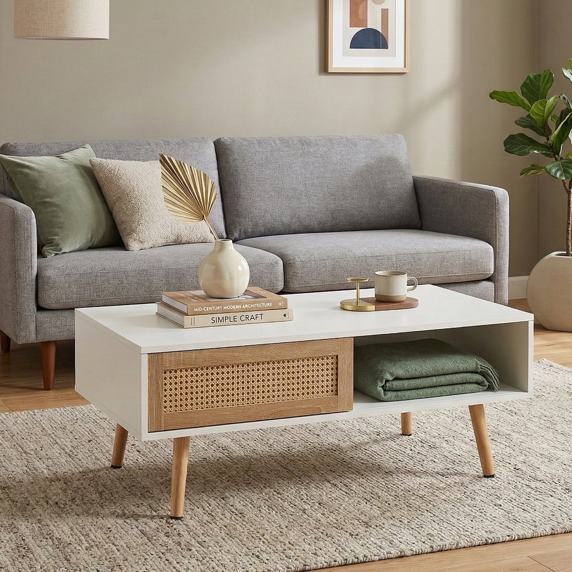 41.34" Rattan Coffee table, sliding door for storage, solid wood legs, Modern table for living room,White image 3