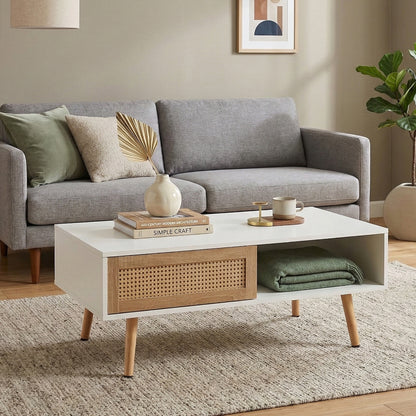 41.34" Rattan Coffee table, sliding door for storage, solid wood legs, Modern table for living room,White image 3