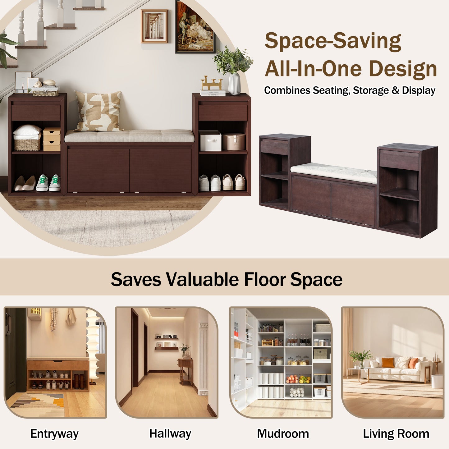 TREXM All-in-One Entryway Storage Bench with Cushion, Compartments, Drawers & Open Shelves, Storage Bench for Hallway, Mudroom, Living Room(Espresso) image 10