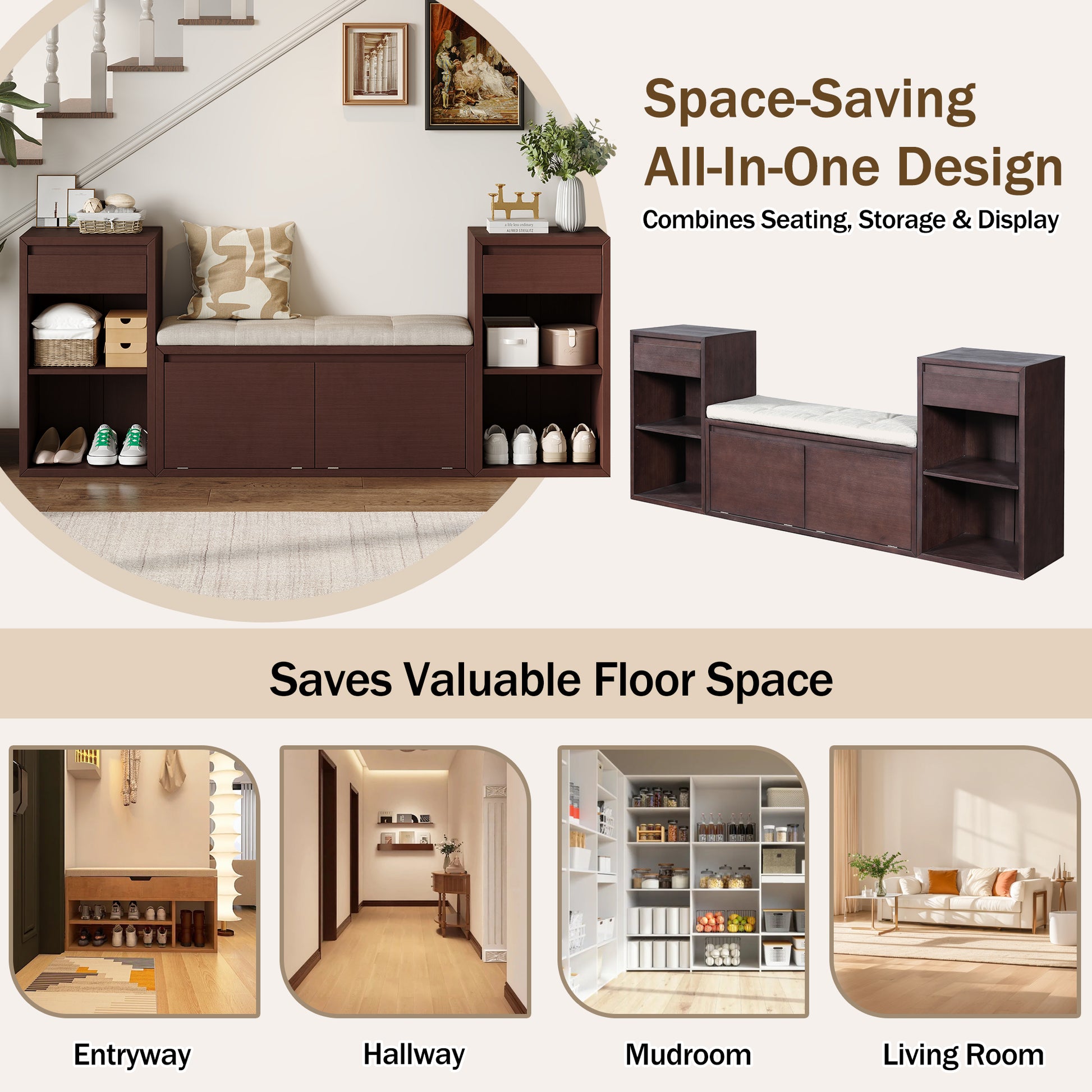 TREXM All-in-One Entryway Storage Bench with Cushion, Compartments, Drawers & Open Shelves, Storage Bench for Hallway, Mudroom, Living Room(Espresso) image 10