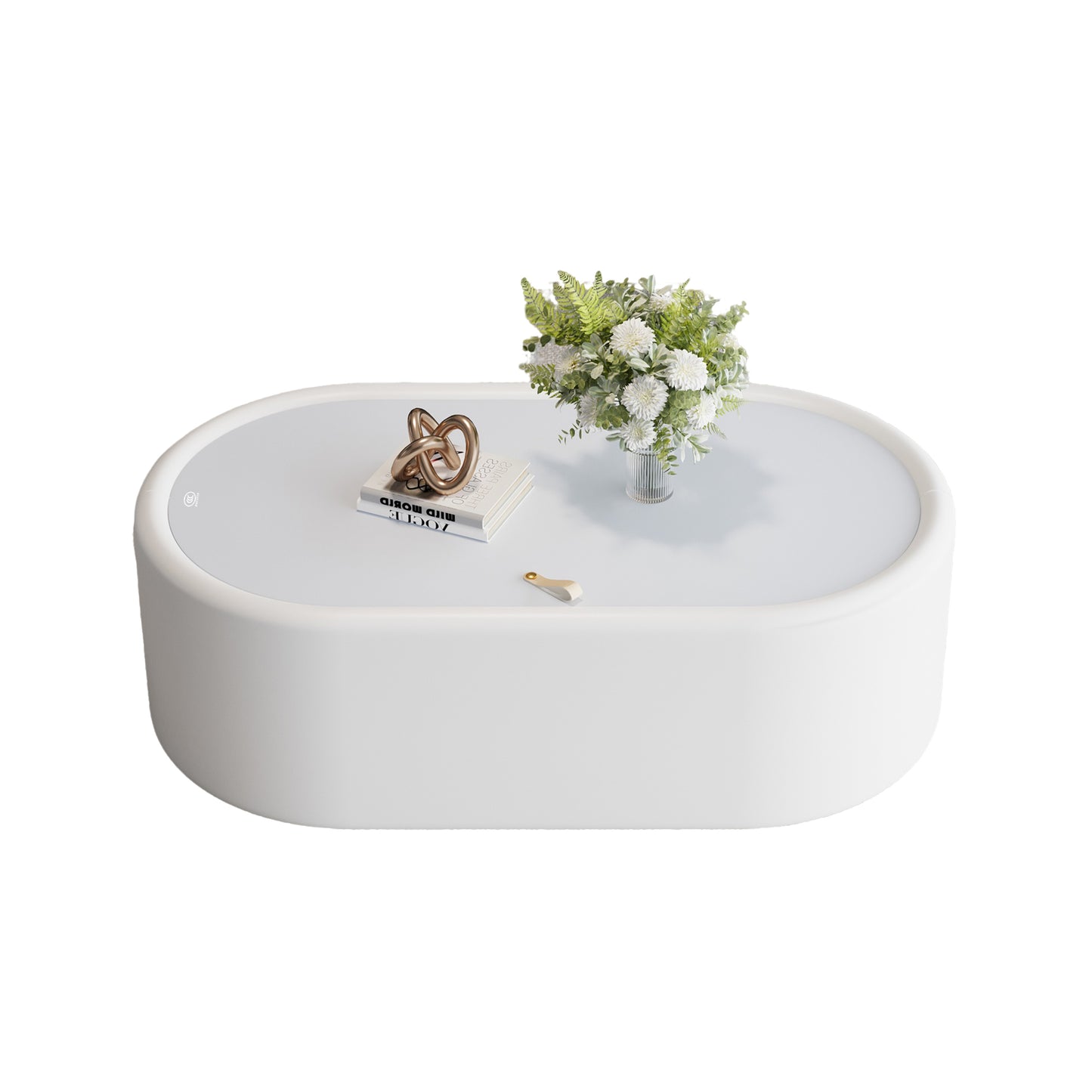 33.46" Oval Hidden Storage Coffee Table - 3C Certified Tempered Glass Top & Premium Leather Upholstered, Modern White Storage Coffee Table for Living Room image 8
