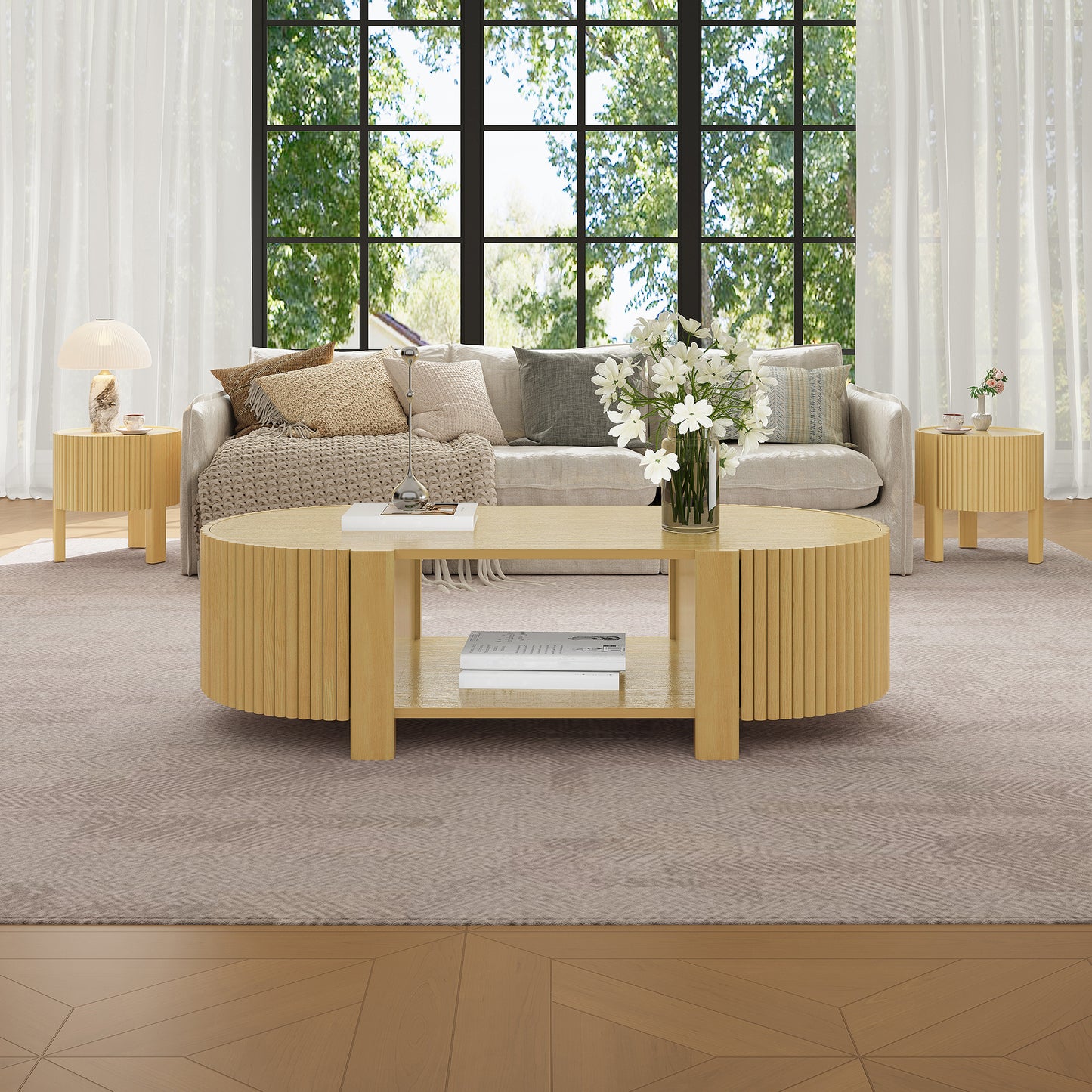 Oval Fluted Coffee Table with Storage for Living Room, Rubber Solid Wood, 1 shelf & 2 Open Storage Doors, Natural, 47" image 5