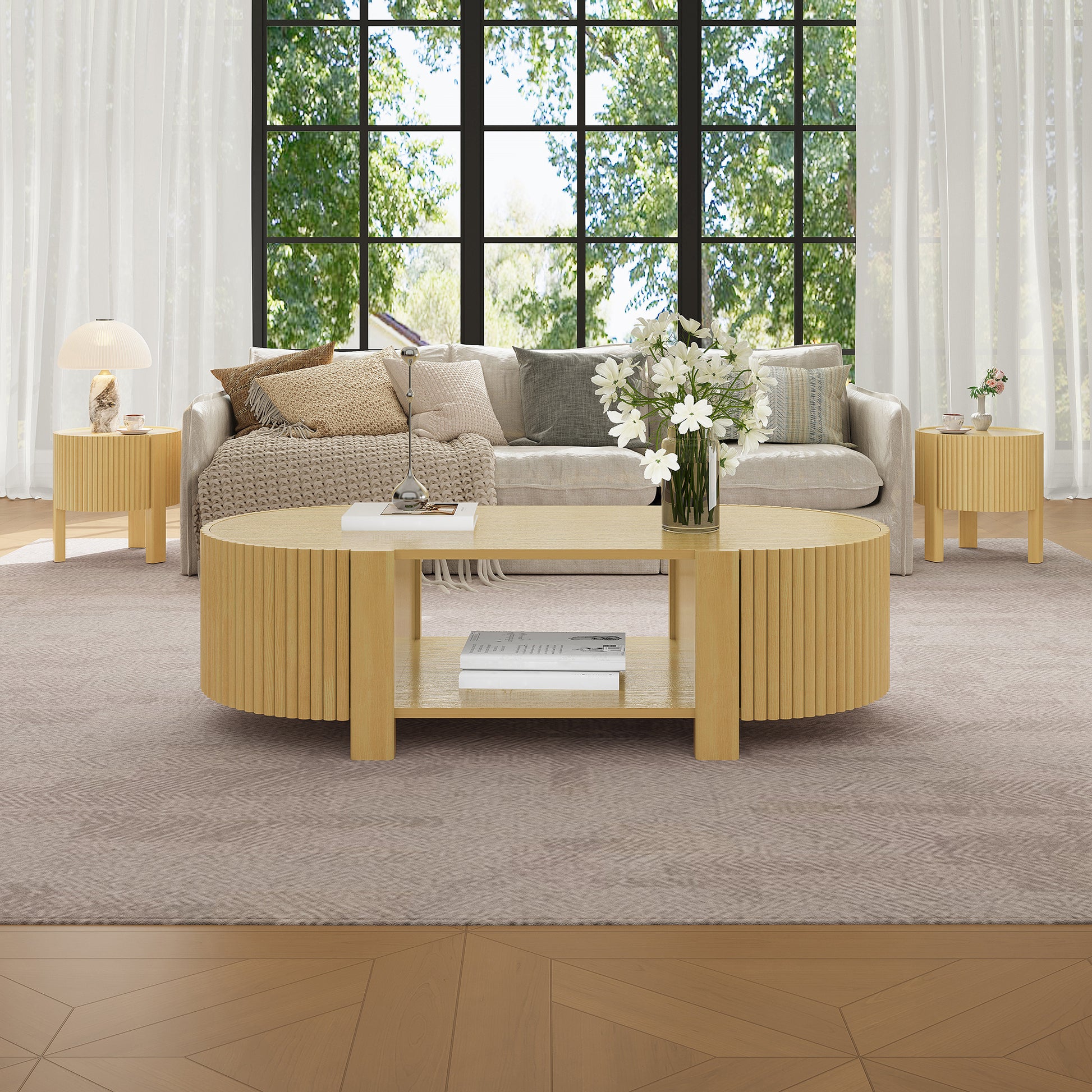 Oval Fluted Coffee Table with Storage for Living Room, Rubber Solid Wood, 1 shelf & 2 Open Storage Doors, Natural, 47" image 5