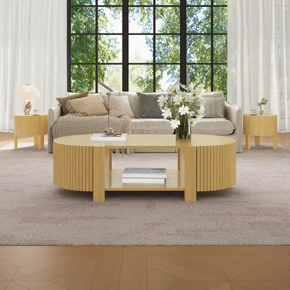 Oval Fluted Coffee Table with Storage for Living Room, Rubber Solid Wood, 1 shelf & 2 Open Storage Doors, Natural, 47" image 5
