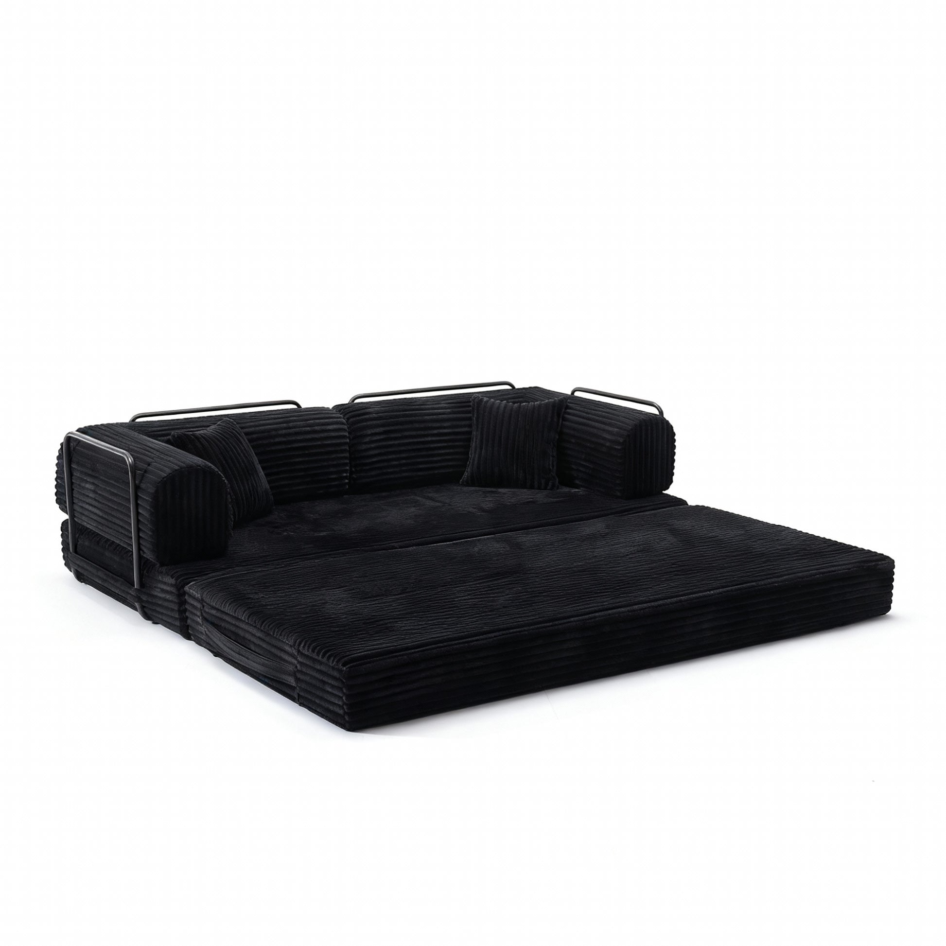 Compression Sofa,Convertible Floor Sofa Bed-with Pillow Back Support Armrest,Comfy Futon Couch Sleeper Bed,Loveseats Boneless Modular Sectional Sofa,Corduroy fabric,for Living Room,Bedroom,Black image 6