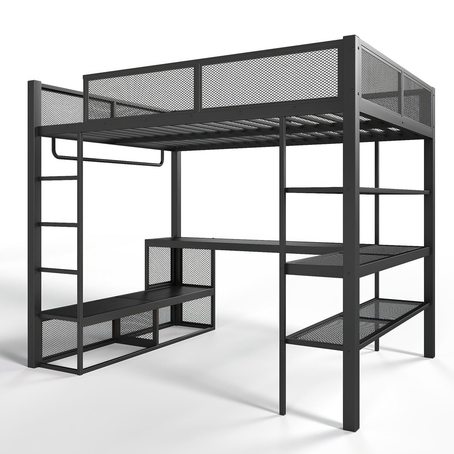 Queen Size Loft Bed with Storage Shelves, Metal Loft Bed with Clothes Hanging Rod and Desk, No Box Spring Needed Design, Black image 7