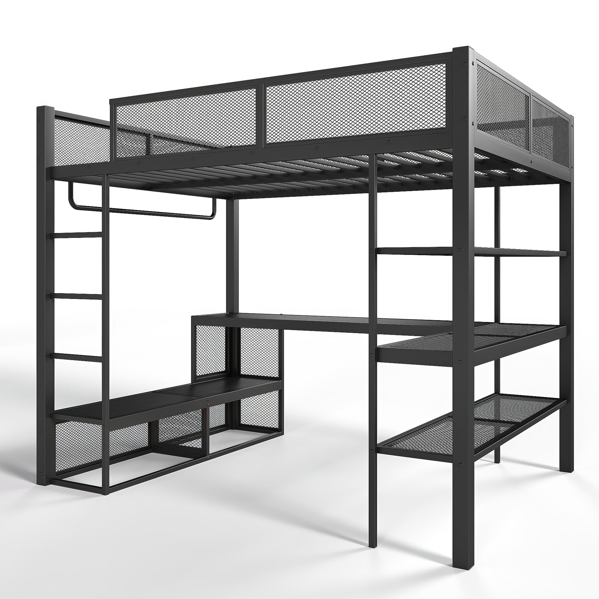 Queen Size Loft Bed with Storage Shelves, Metal Loft Bed with Clothes Hanging Rod and Desk, No Box Spring Needed Design, Black image 7