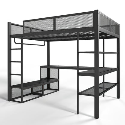 Queen Size Loft Bed with Storage Shelves, Metal Loft Bed with Clothes Hanging Rod and Desk, No Box Spring Needed Design, Black image 7