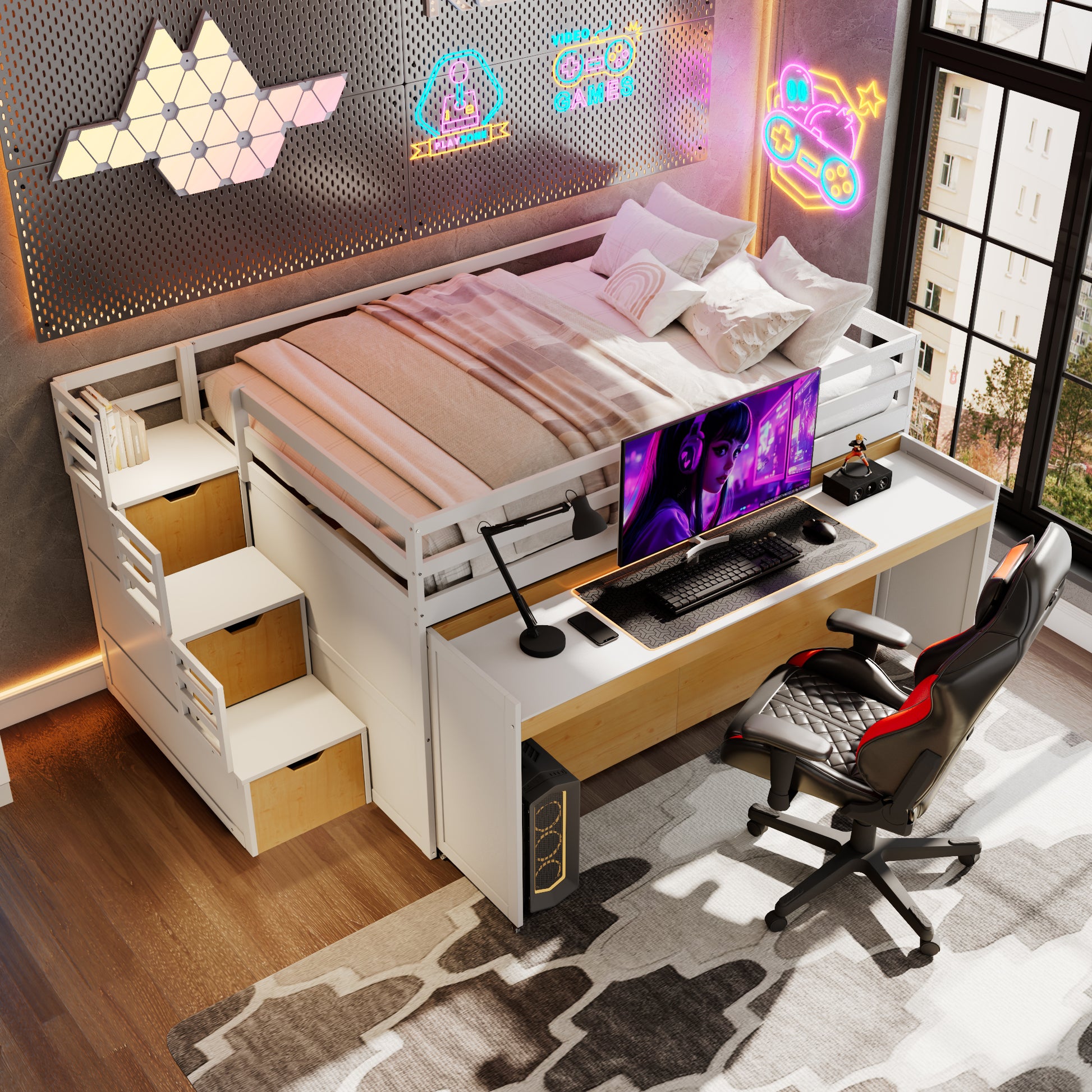 Full XL Loft Bed with Pull-Out Desk and Twin Trundle, Multi-Functional Bunk Bed with 2 Storage Drawers and Storage Steps, Space-Saving Gaming & Workstation Bedframe, White+Wood Color image 3