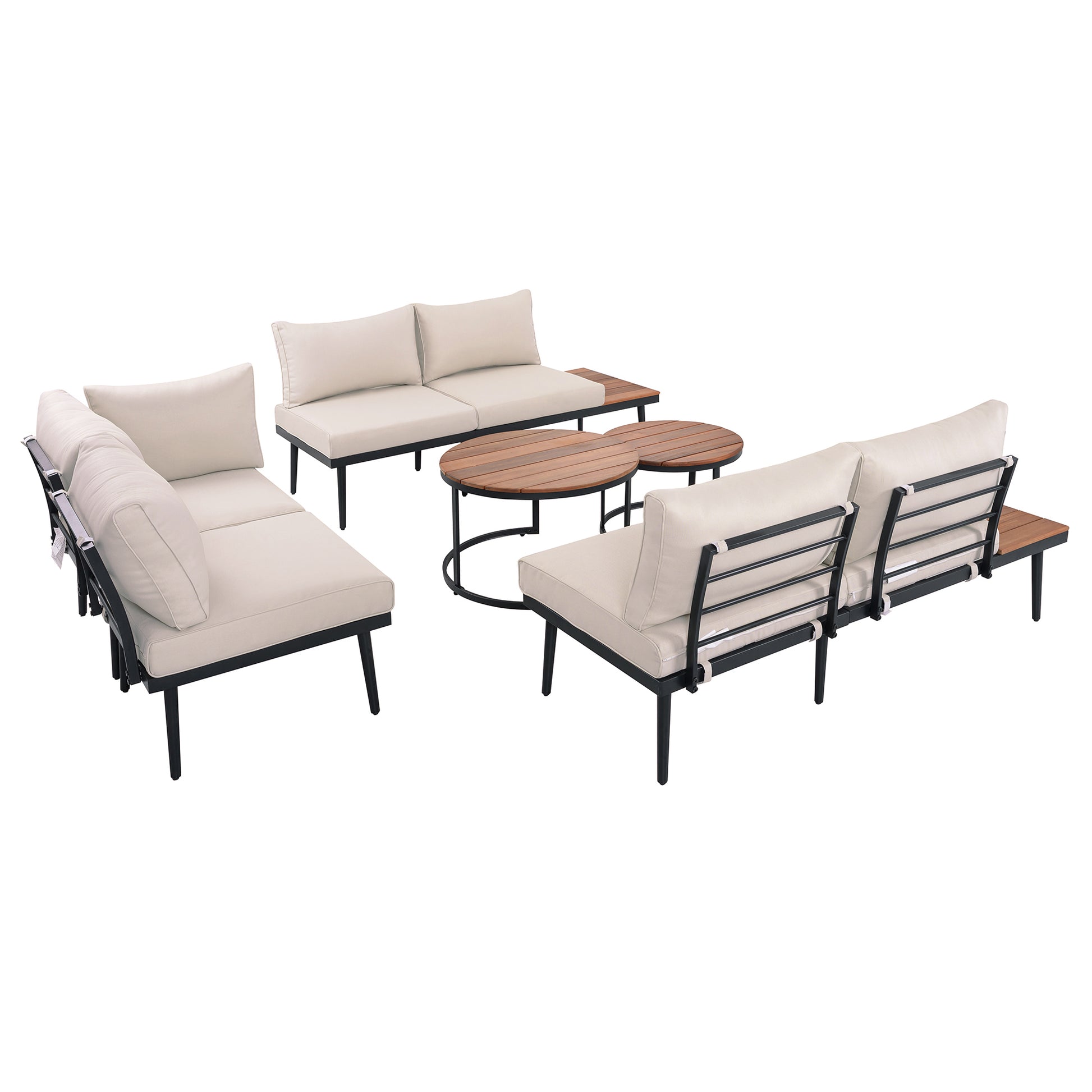 TREXM 6-Piece Outdoor Sectional Sofa Set with Round Nesting Coffee Tables and Seating Sofa with Cushions for Patio, Porch and Garden (Beige) image 5