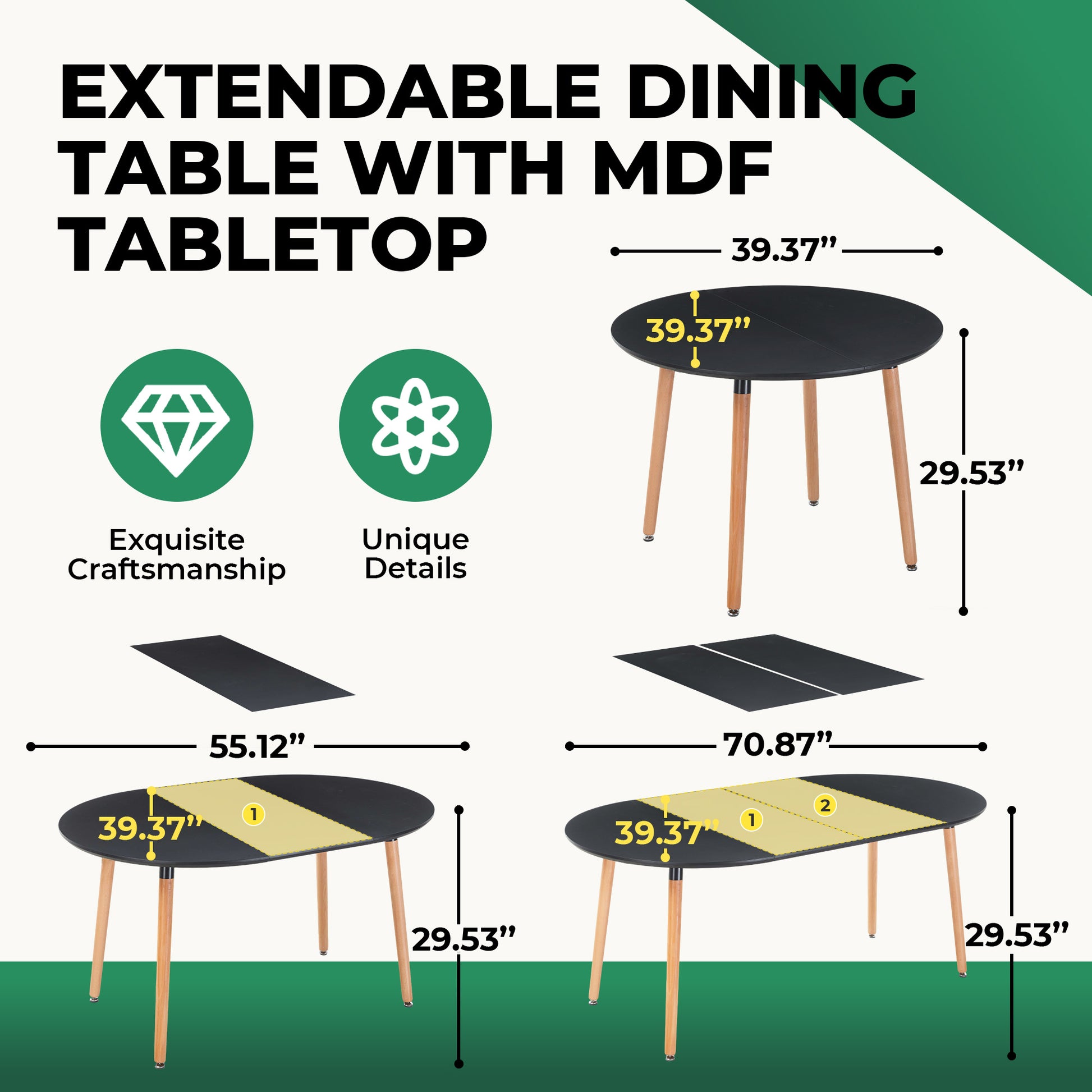 Extensible table,DINING TABLE,OFFICE TABLE,COFFEE TABLE,wood leg,MDF top,100/140/180x100x75cm,black color image 4
